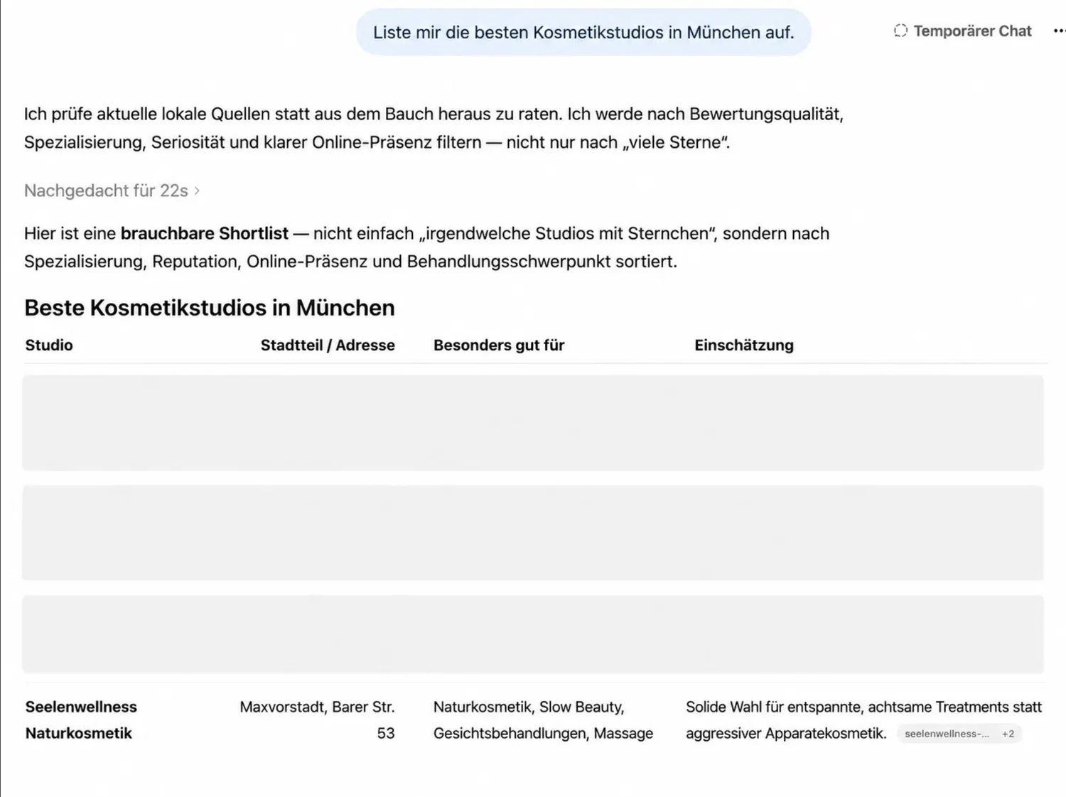 ChatGPT listet Kunde Seelenwellness München in der Shortlist