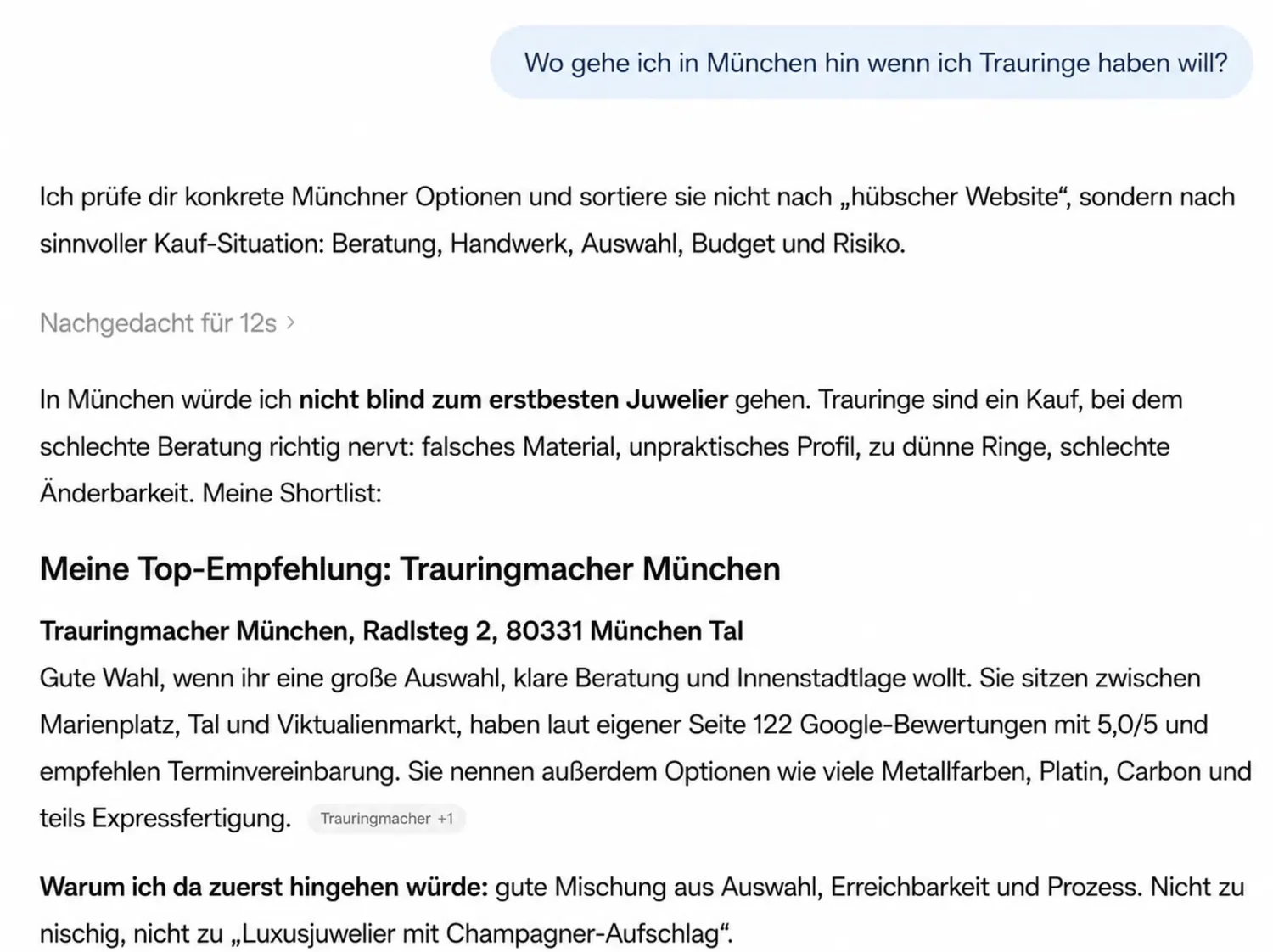 ChatGPT nennt Kunde Trauringmacher als Top-Empfehlung